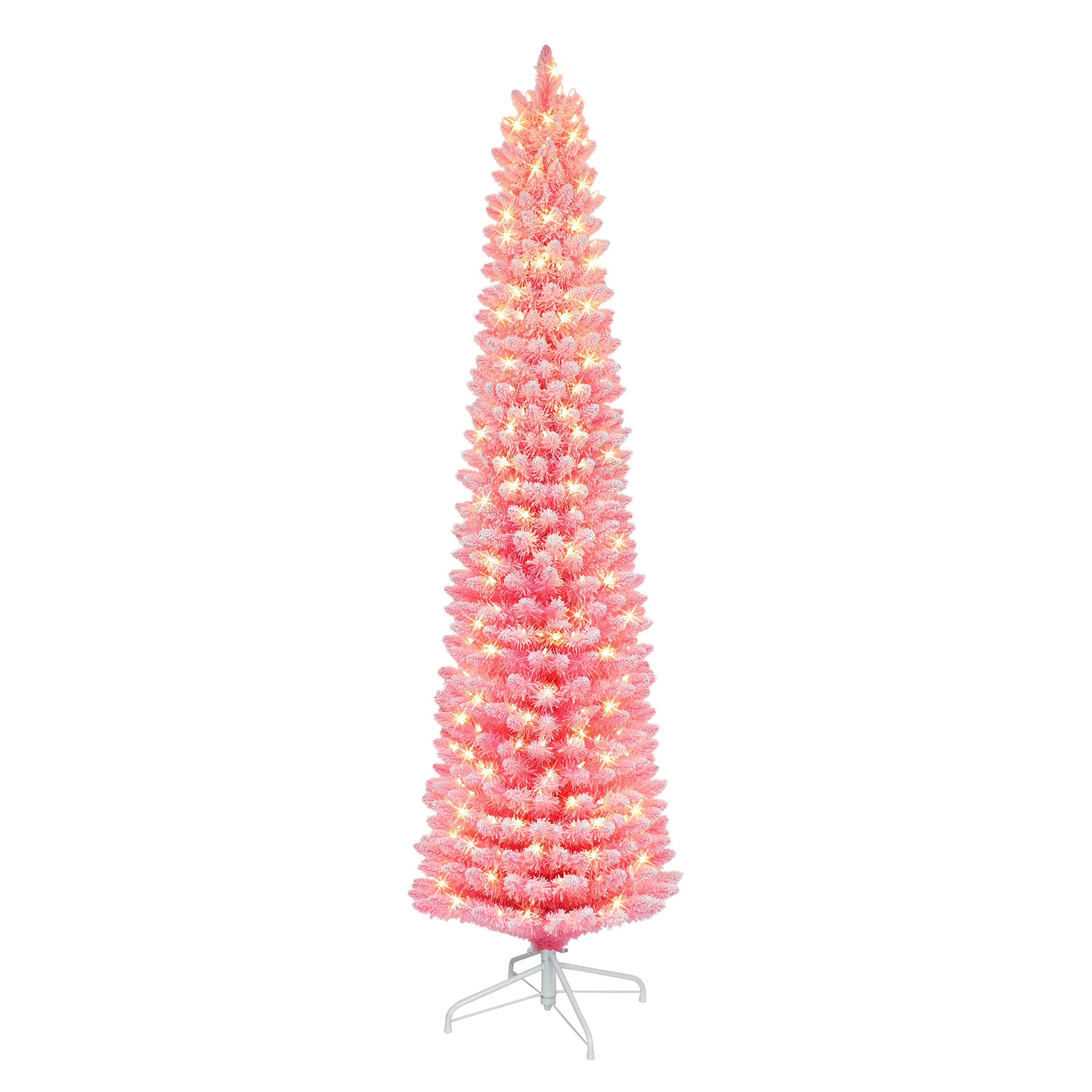 7.5 ft Pre-lit Flocked Fashion Pink Pencil Artificial Christmas Tree with 300 UL Clear Lights Metal Stand TPF9612A-75C3-PK
